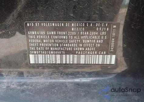 2016 Volkswagen Golf Gti S 4-Door z USA, uszkodzony, nr VIN 3VW5T7AU7GM065875